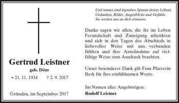 Traueranzeige von Gertrud Leistner von  Kreisanzeiger