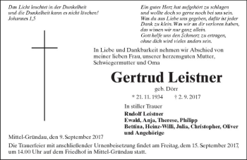 Traueranzeige von Gertrud Leistner von  Kreisanzeiger