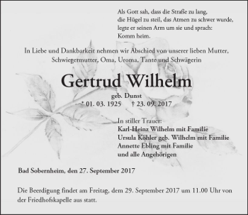 Traueranzeige von Gertrud Wilhelm von Trauerportal Rhein Main Presse
