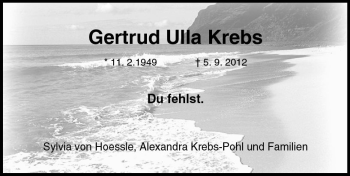 Traueranzeige von Gertrud Ulla Krebs von Trauerportal Rhein Main Presse