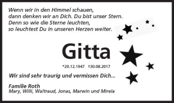 Traueranzeige von Gitta  von Trauerportal Rhein Main Presse