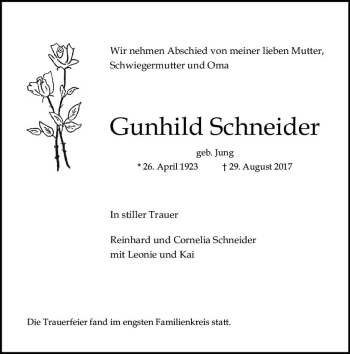 Traueranzeige von Gunhild Schneider von Trauerportal Rhein Main Presse