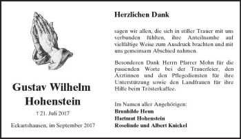 Traueranzeige von Gustav Wilhelm Hohenstein von  Kreisanzeiger