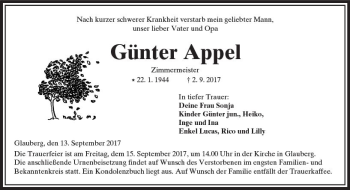 Traueranzeige von Günter Appel von  Kreisanzeiger