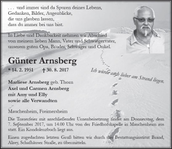 Traueranzeige von Günter Arnsberg von Trauerportal Rhein Main Presse