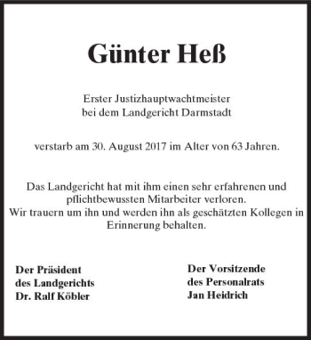 Traueranzeige von Günter Heß von Trauerportal Echo Online