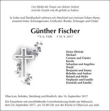 Traueranzeige von Günther Fischer von  Kreisanzeiger