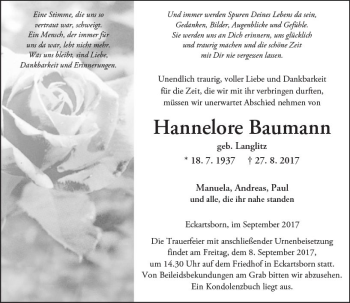 Traueranzeige von Hannelore Baumann von  Kreisanzeiger