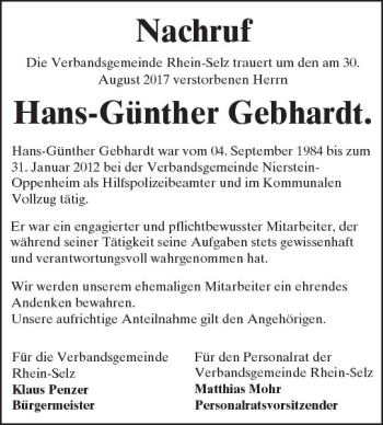 Traueranzeige von Hans-Günther Gebhardt von Trauerportal Rhein Main Presse