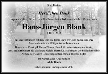 Traueranzeige von Hans-Jürgen Blank von VRM Trauer