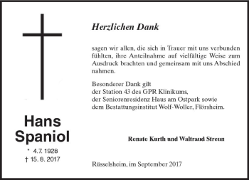 Traueranzeige von Hans Spaniol von Trauerportal Rhein Main Presse