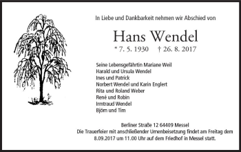Traueranzeige von Hans Wendel von Trauerportal Echo Online