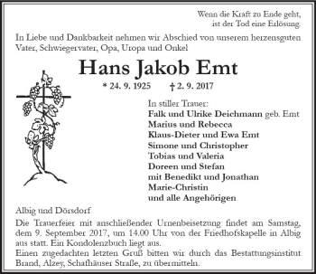 Traueranzeige von Hans Jakob Emt von Trauerportal Rhein Main Presse