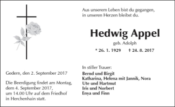Traueranzeige von Hedwig Appel von VRM Trauer