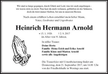 Traueranzeige von Heinrich Hermann Arnold von  Kreisanzeiger