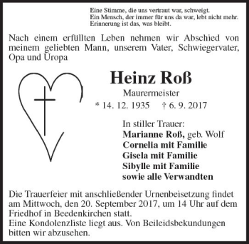 Traueranzeige von Heinz Roß von Trauerportal Echo Online