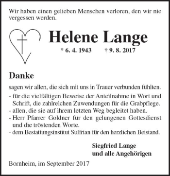 Traueranzeige von Helene Lange von Trauerportal Rhein Main Presse