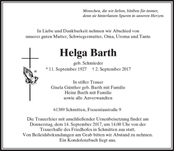 Traueranzeige von Helga Barth von  Usinger Anzeiger
