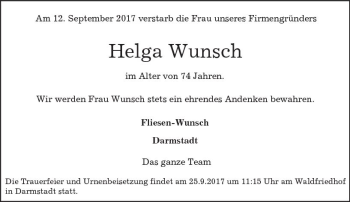 Traueranzeige von Helga Wunsch von Trauerportal Echo Online