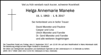 Traueranzeige von Helga Annemarie Maneke von Trauerportal Rhein Main Presse