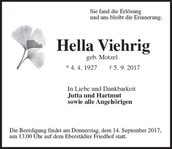 Traueranzeige von Hella Viehrig von Trauerportal Echo Online