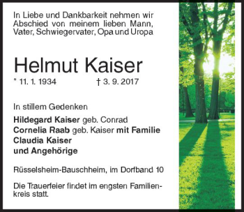 Traueranzeige von Helmut Kaiser von Trauerportal Rhein Main Presse