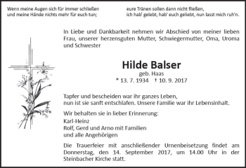 Traueranzeige von Hilde Baiser von  Gießener Anzeiger