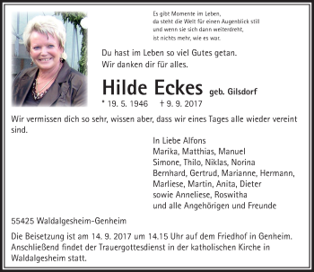 Traueranzeige von Hilde Eckes von Trauerportal Rhein Main Presse