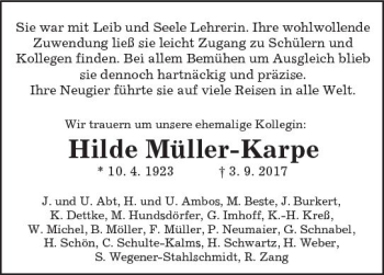 Traueranzeige von Hilde Müller-Karpe von Trauerportal Rhein Main Presse
