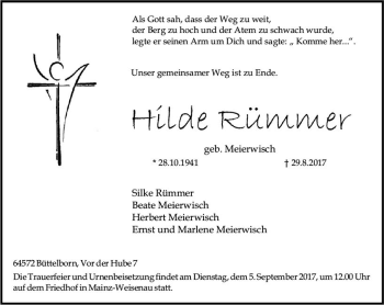 Traueranzeige von Hilde Rümmer von Trauerportal Rhein Main Presse