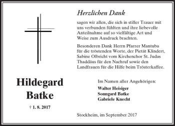 Traueranzeige von Hildegard Batke von  Kreisanzeiger