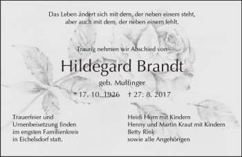 Traueranzeige von Hildegard Brandt von  Kreisanzeiger