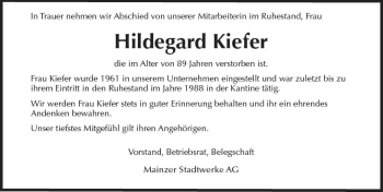 Traueranzeige von Hildegard Kiefer von Trauerportal Rhein Main Presse