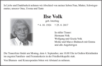 Traueranzeige von Ilse Volk von  Gießener Anzeiger