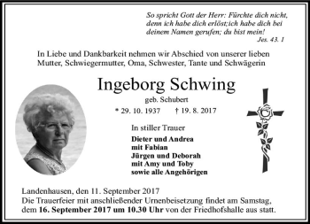 Traueranzeige von Ingeborg Schwing von VRM Trauer