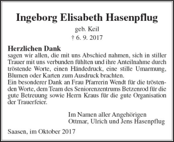 Traueranzeige von Ingeborg Elisabeth Hasenpflug von  Gießener Anzeiger