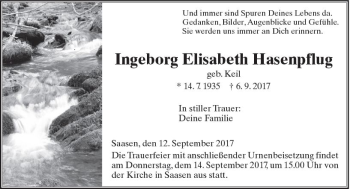 Traueranzeige von Ingeborg Elisabeth Hasenpflug von  Gießener Anzeiger