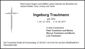 Traueranzeige von Ingeburg Trautmann von Trauerportal Echo Online