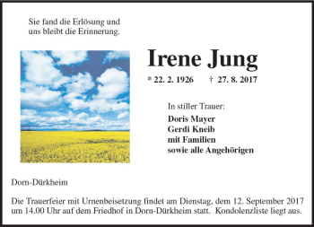 Traueranzeige von Irene Jung von Trauerportal Rhein Main Presse