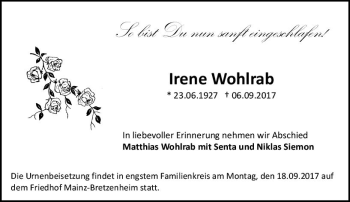 Traueranzeige von Irene Wohlrab von Trauerportal Rhein Main Presse