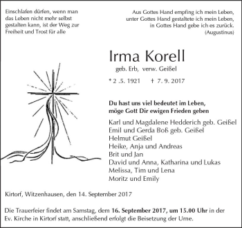 Traueranzeige von Irma Korell von VRM Trauer