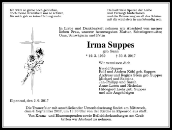 Traueranzeige von Irma Suppes von VRM Trauer