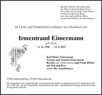 Traueranzeige von Irmentraud Eimermann von Trauerportal Rhein Main Presse
