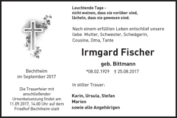Traueranzeige von Irmgard Fischer von Trauerportal Rhein Main Presse