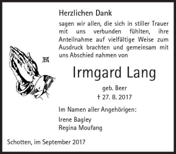 Traueranzeige von Irmgard Lang von  Kreisanzeiger