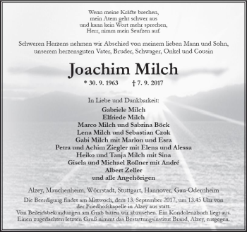 Traueranzeige von Joachim Milch von Trauerportal Rhein Main Presse