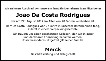 Traueranzeige von Joao Da Costa Rodrigues von Trauerportal Echo Online