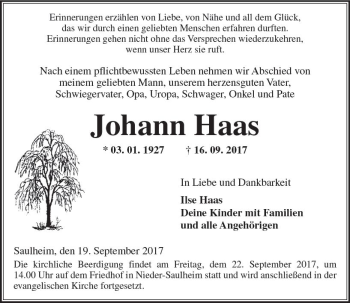Traueranzeige von Johann Haas von Trauerportal Rhein Main Presse