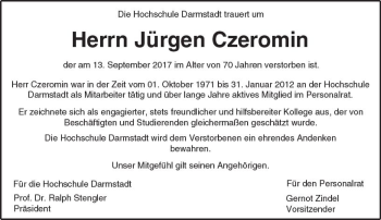 Traueranzeige von Jürgen Czeromin von Trauerportal Echo Online