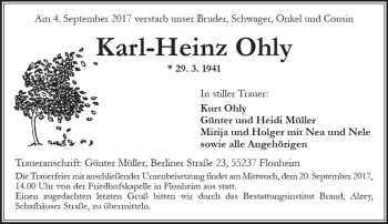 Traueranzeige von Karl-Heinz Ohly von Trauerportal Rhein Main Presse